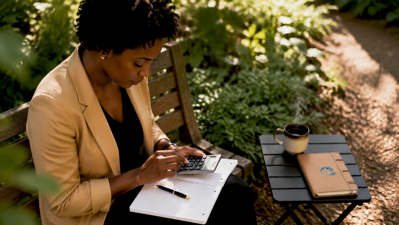 Une femme assise dans un café, concentrée sur ses calculs d’intérêts composés, son carnet et son stylo à la main.