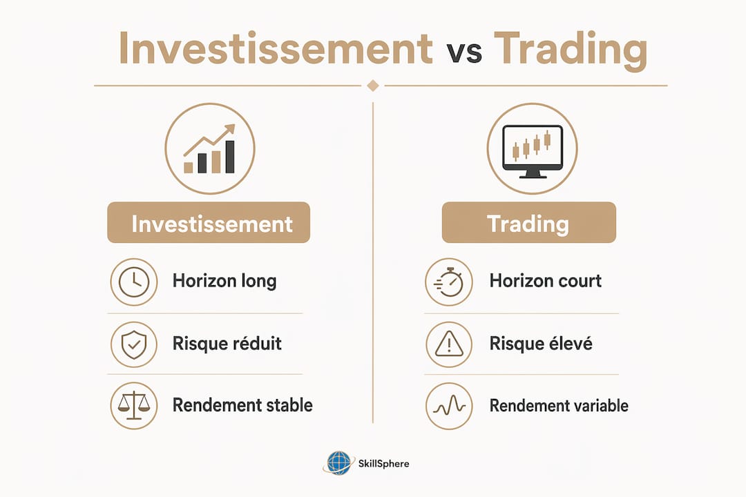 Infographie : investissement à long terme ou trading à court terme, quelles différences ?