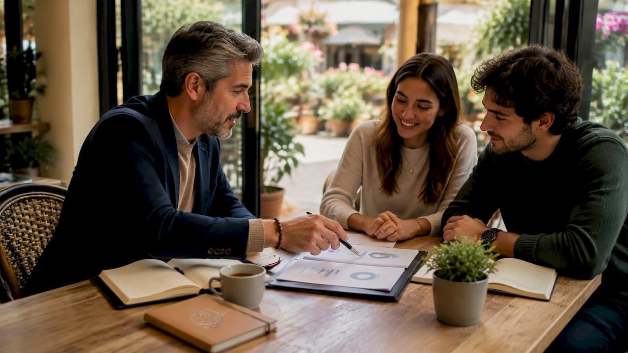 Un conseiller en gestion de patrimoine présente les différentes options d’investissement, en expliquant leurs avantages et leurs risques pour aider ses clients à faire les meilleurs choix selon leur situation.