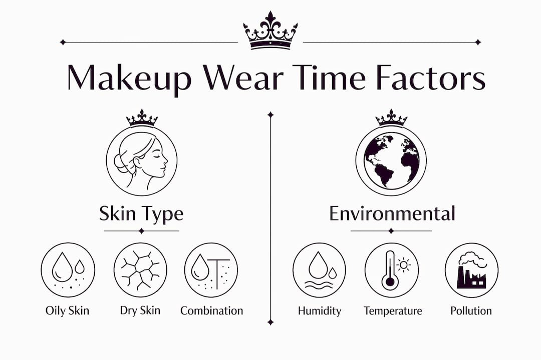 Infographic comparing skin type and environment factors affecting makeup wear time