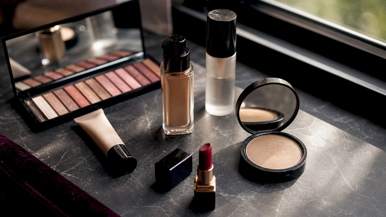 Flat lay of makeup products for wear time comparison