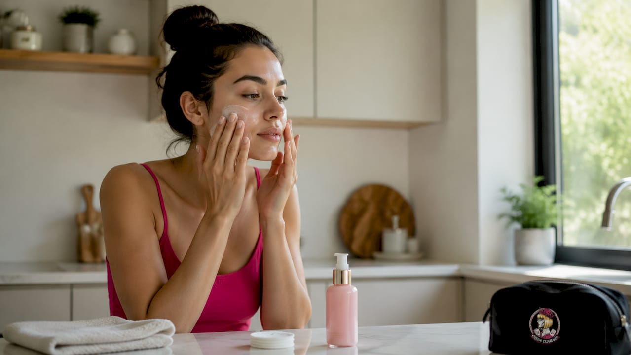 Woman cleansing face in softly lit bathroom