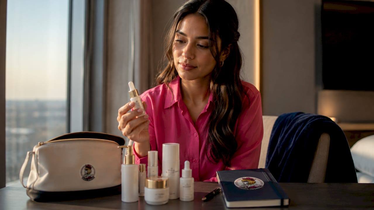 Traveler unpacking skincare kit at hotel vanity