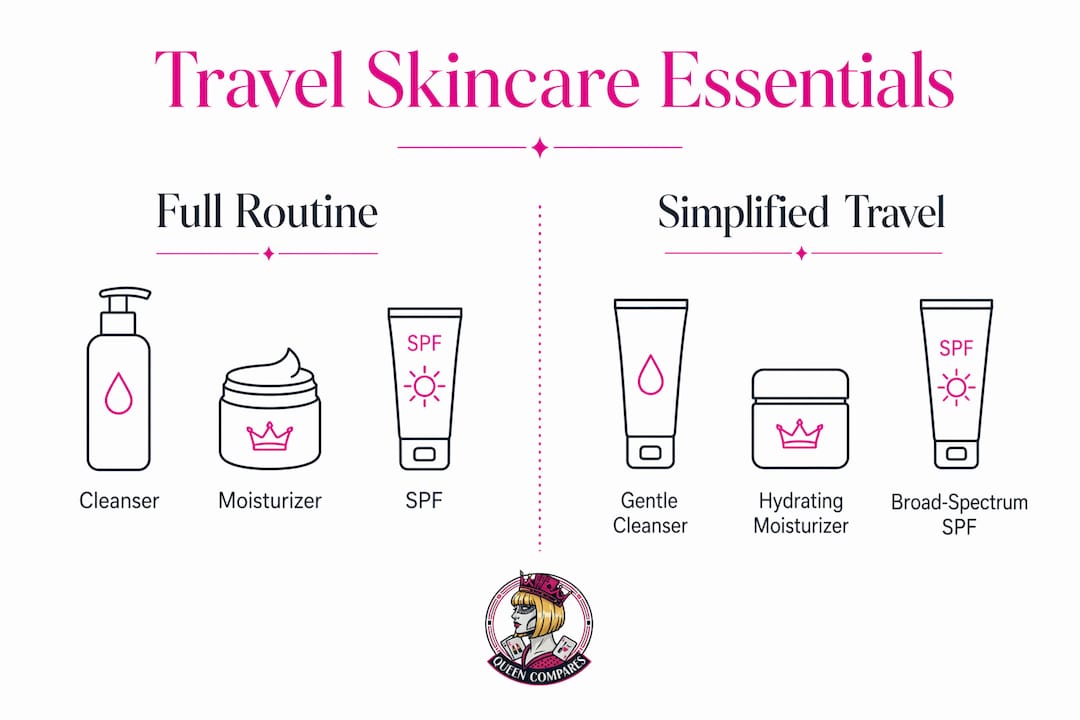 Infographic showing full vs simplified travel skincare routines