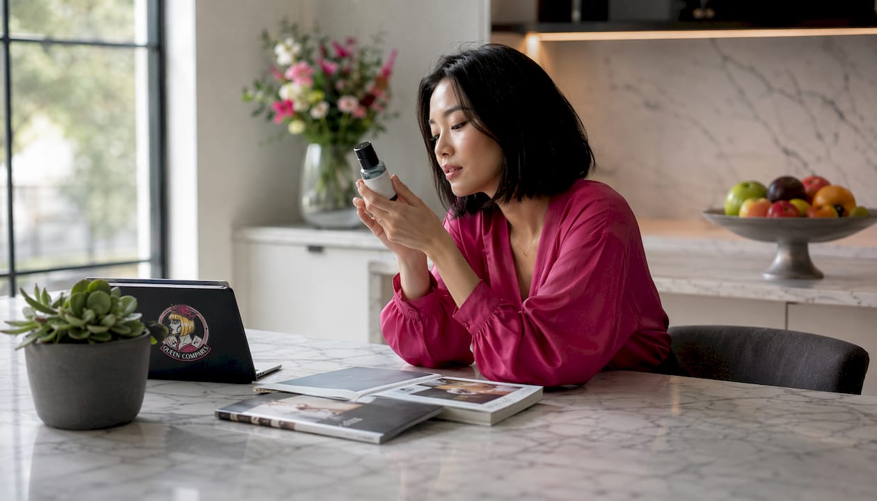 Woman examining skincare product at home desk
