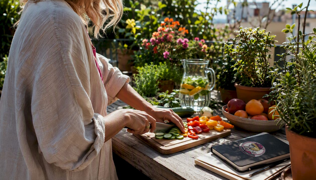 Hands preparing colorful vegetables in kitchen