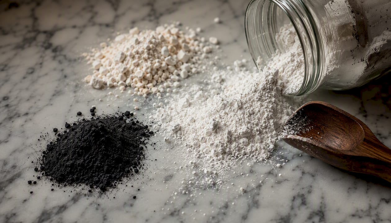 Close-up of deodorant natural powders and charcoal