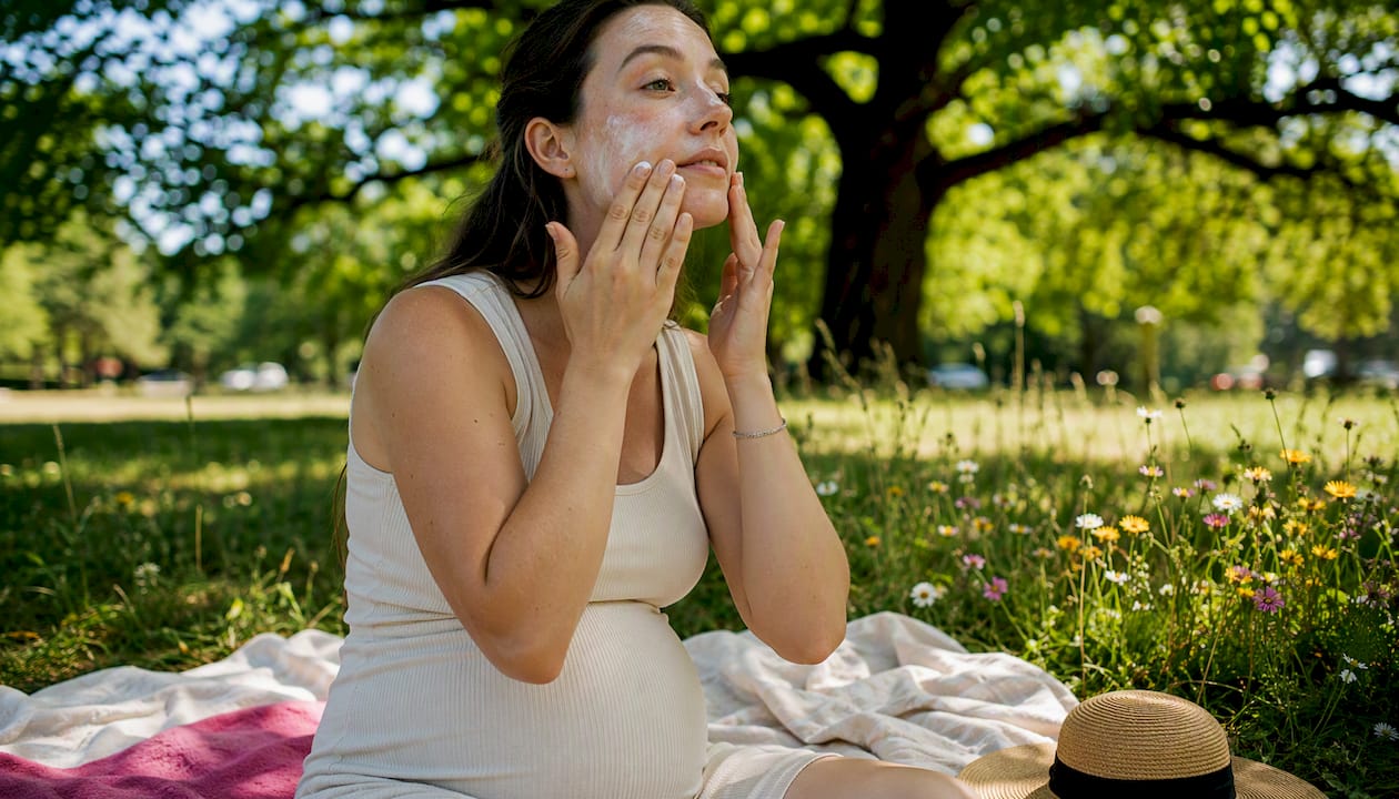 Pregnant woman applying mineral sunscreen