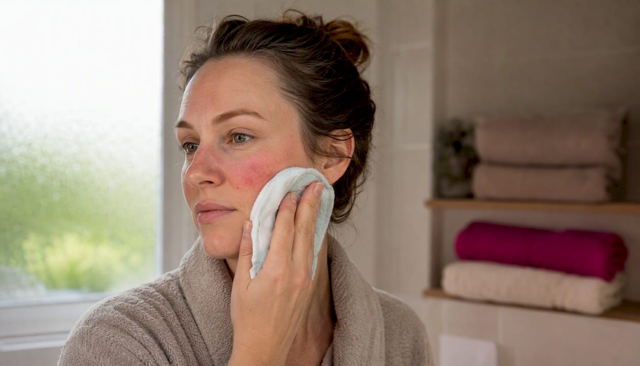 Person applying cool compress on rosacea flare