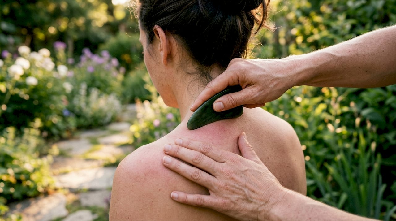 Hands firm gua sha massage on shoulder