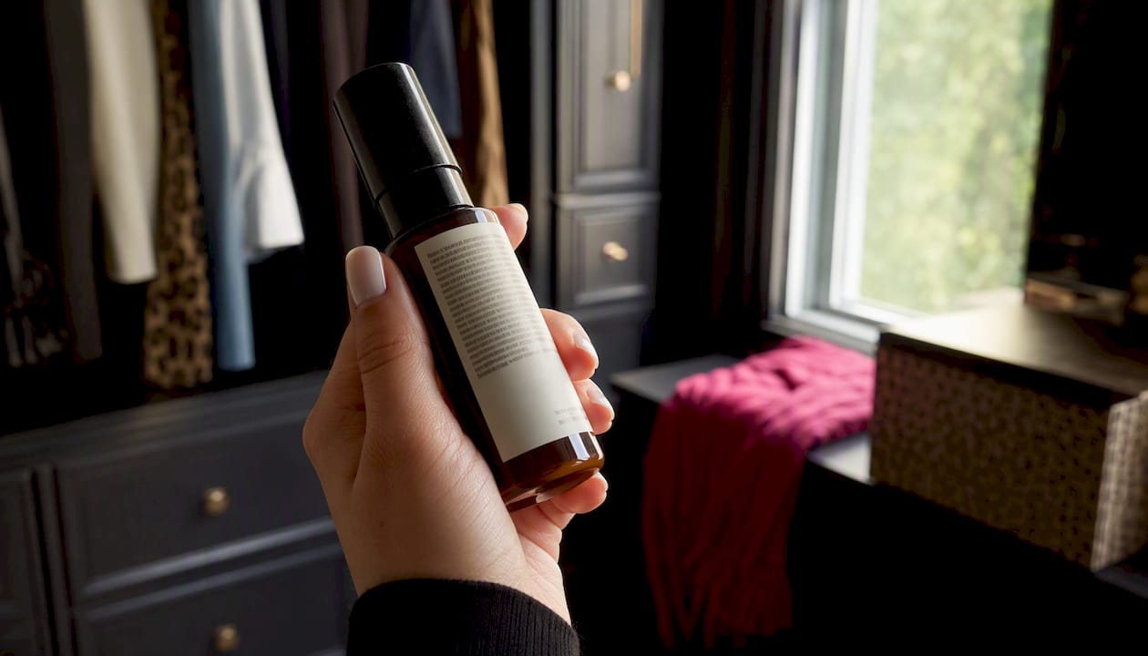 Hand holding skincare bottle with ingredient list