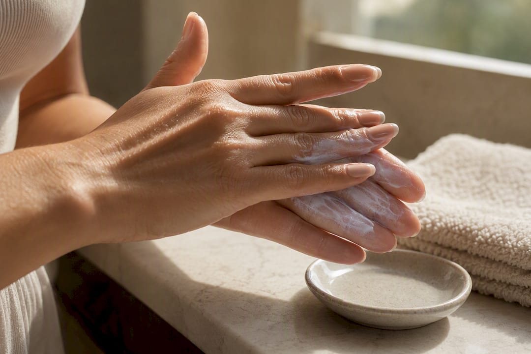 Fingertips warming sunscreen before application