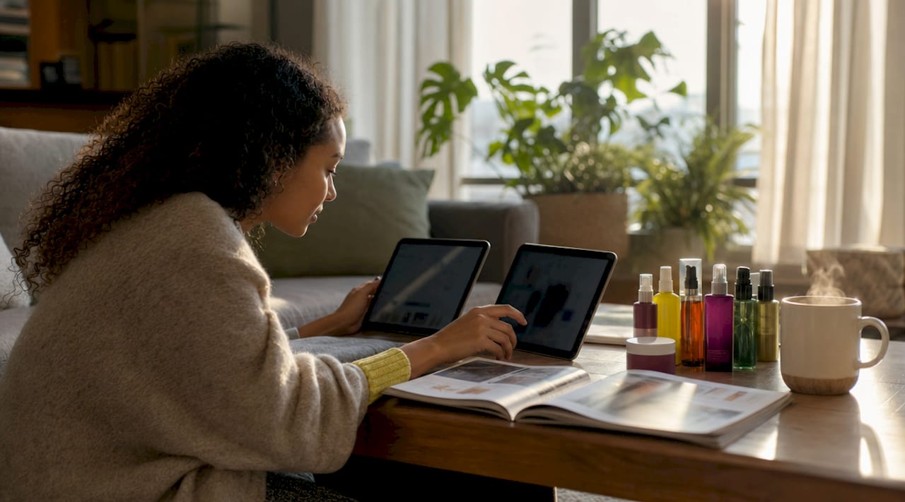 Young woman comparing beauty products online