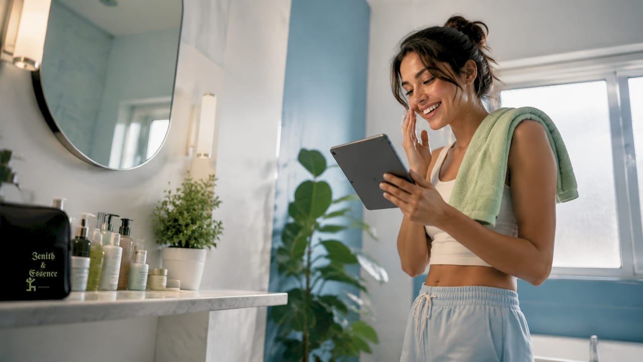 Woman virtually testing makeup on smartphone