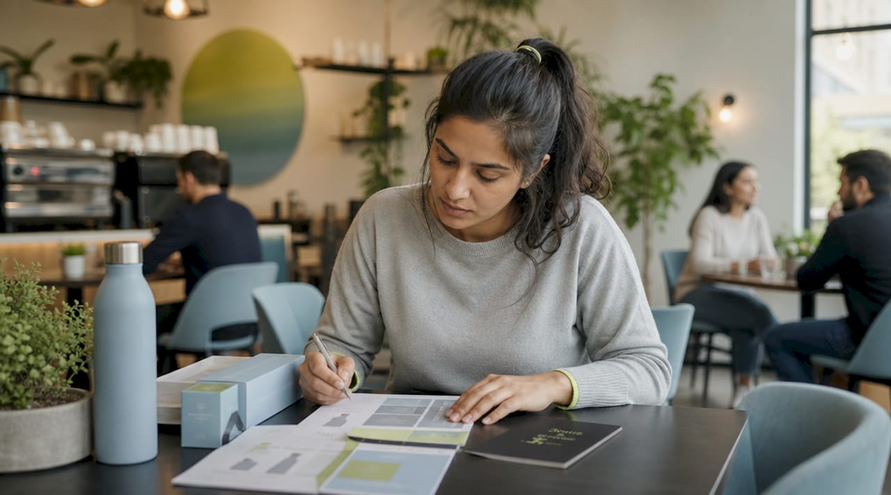 Woman reviewing beauty product warranty documents