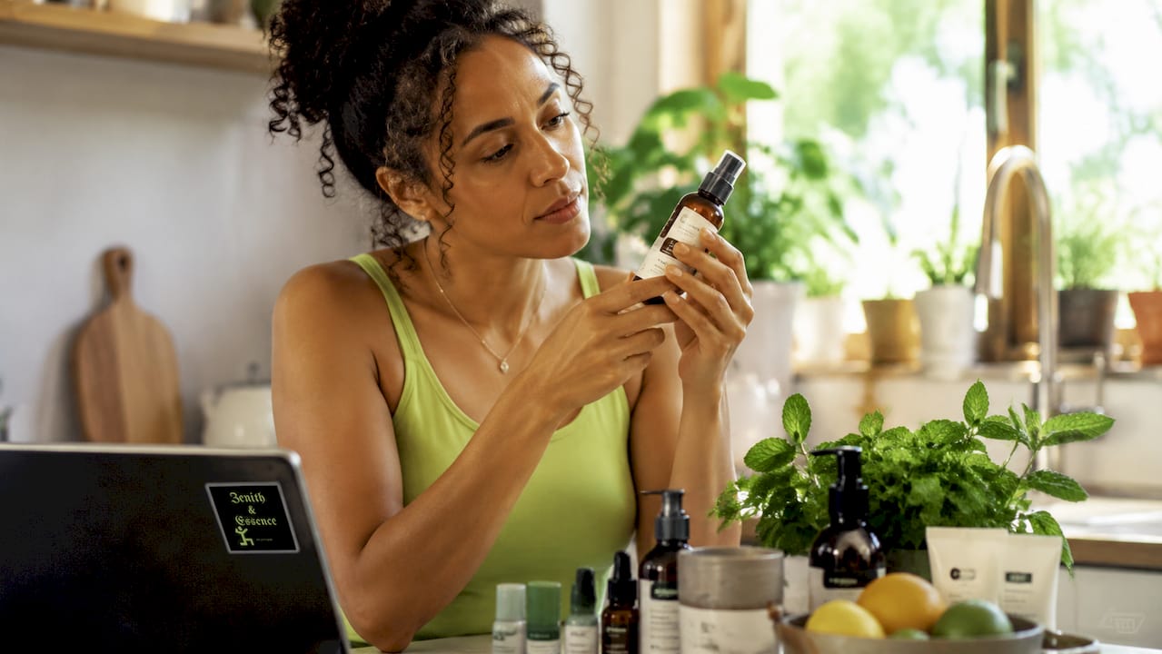 Woman reading beauty product expiration label