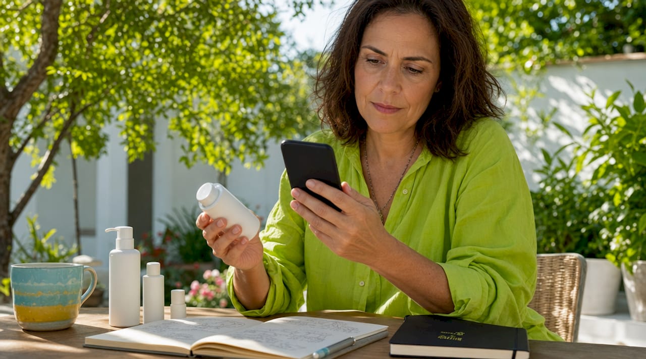 Woman inspecting beauty product ingredients