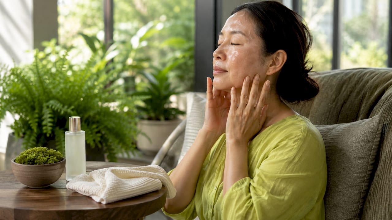 Woman applying essence on face in bathroom