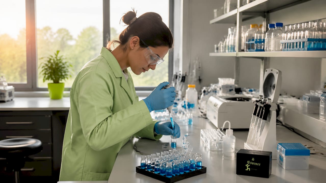 Scientist pipetting liquid in biotechnology lab