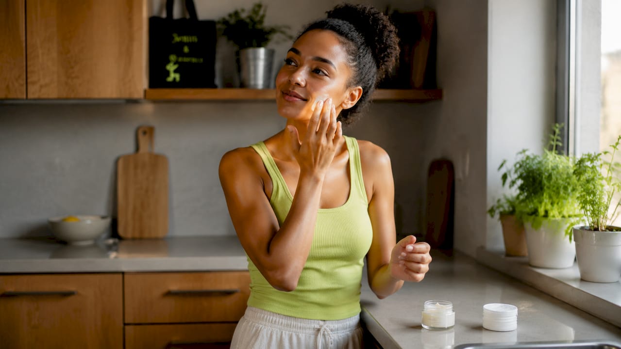 Woman applying waterless facial balm at bathroom mirror