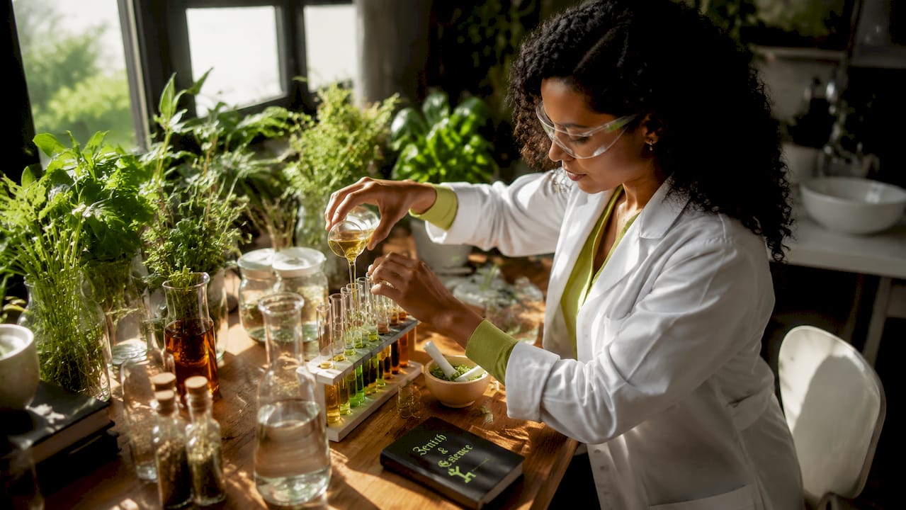 Scientist pipetting plant extracts in lab