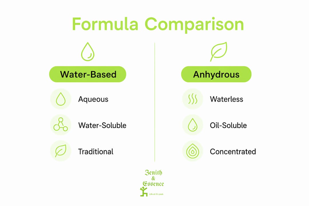 Infographic comparing water-based and anhydrous skincare formulas with key differences
