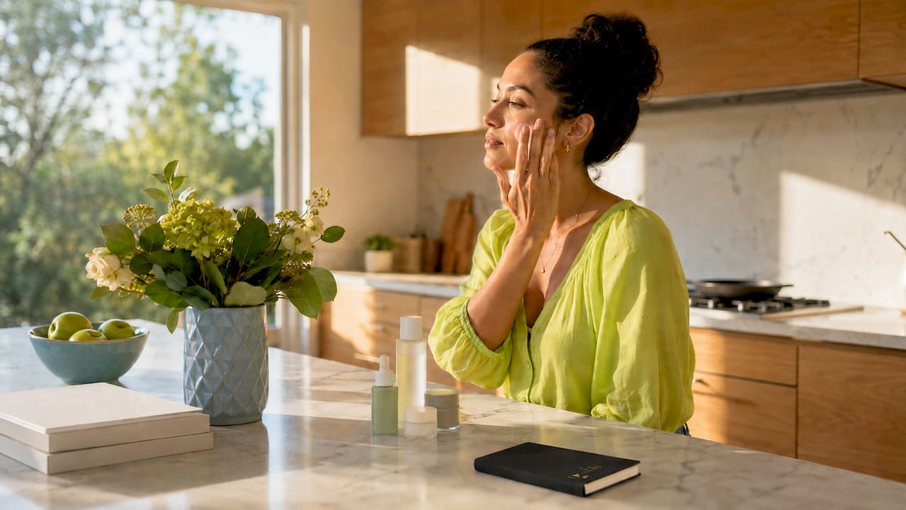 Woman applying antioxidant serum in bathroom