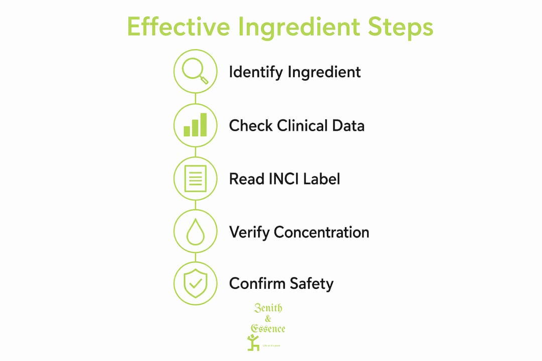 Infographic showing steps to identify effective skincare ingredients
