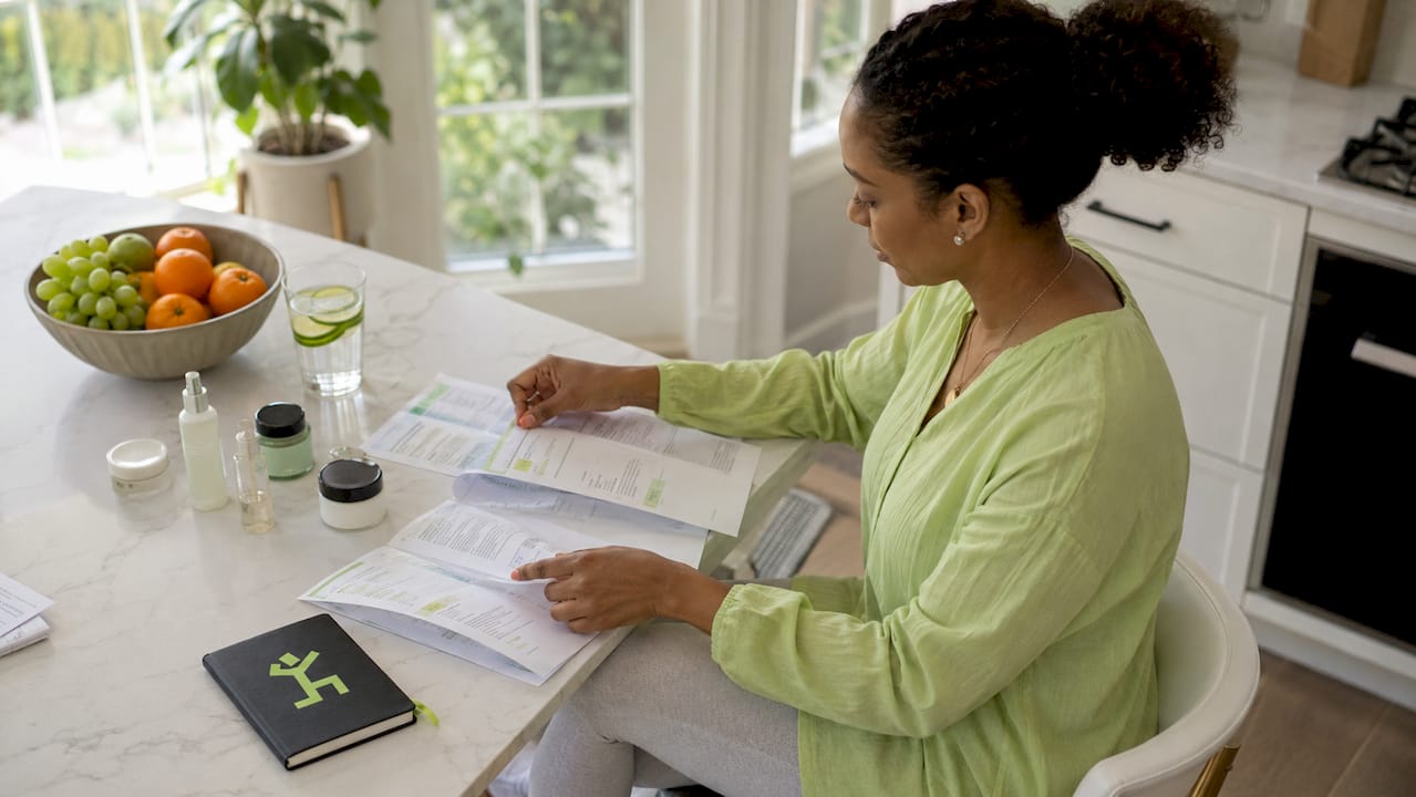 Person reviewing clean beauty product ingredients