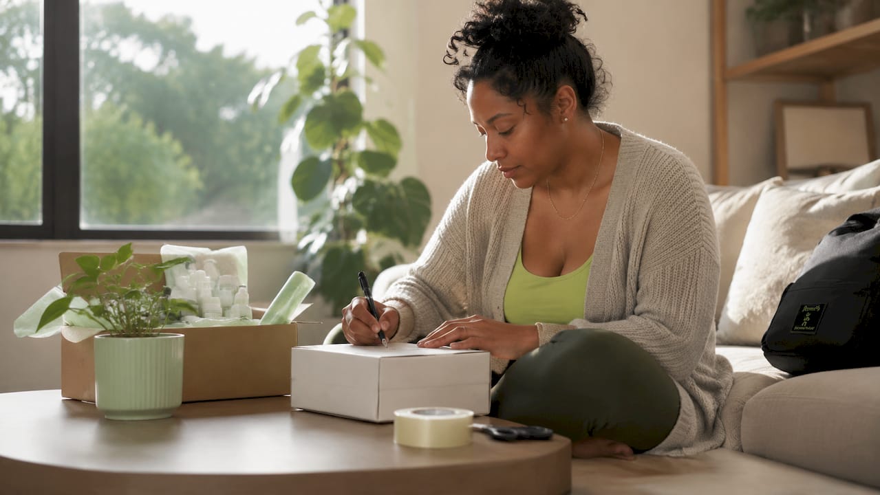 Woman preparing beauty subscription return package