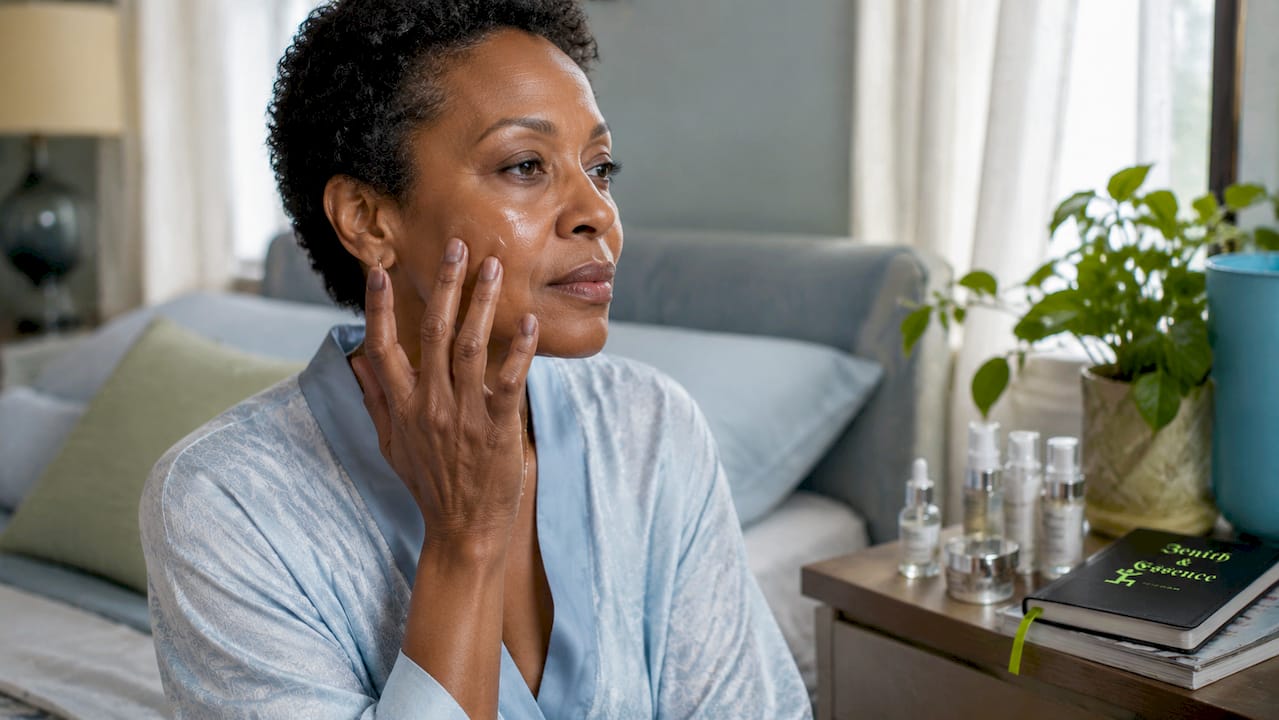 Woman applying vitamin C serum to face