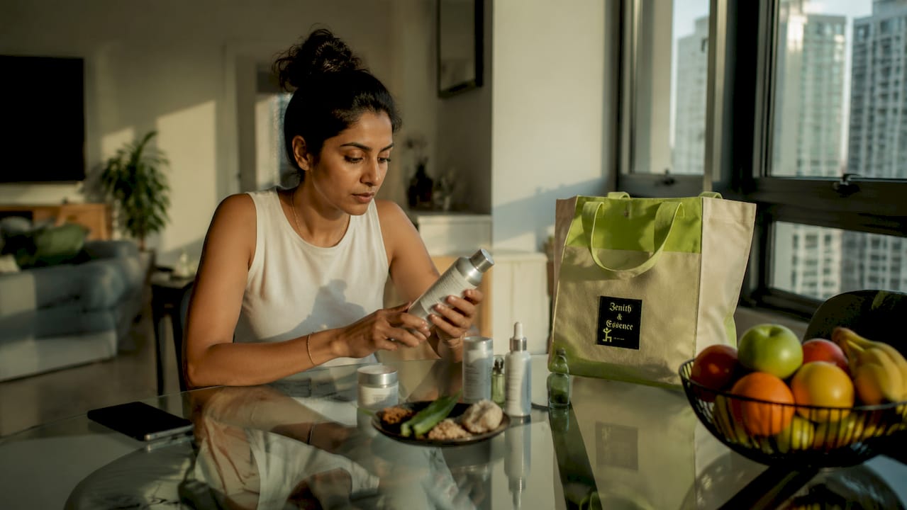 Woman inspecting sustainable beauty packaging