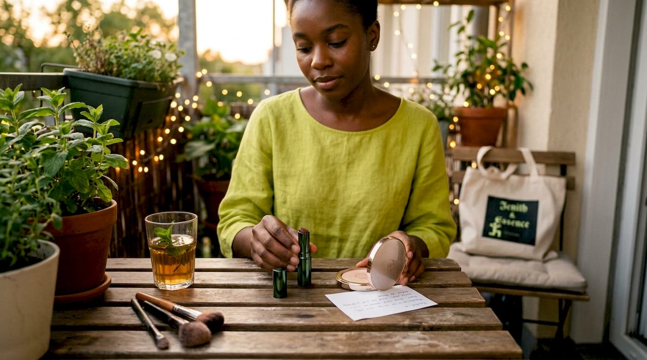 Hands holding limited edition beauty products on vanity