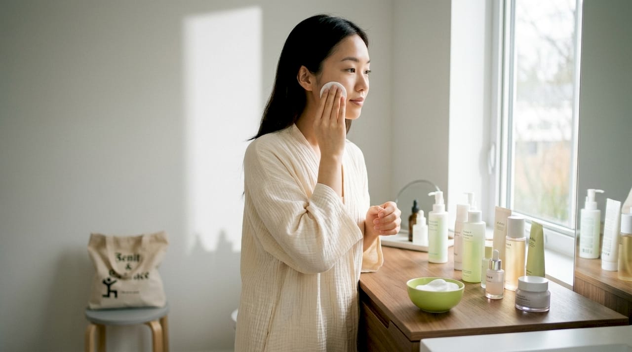 Woman applying toner in bathroom mirror