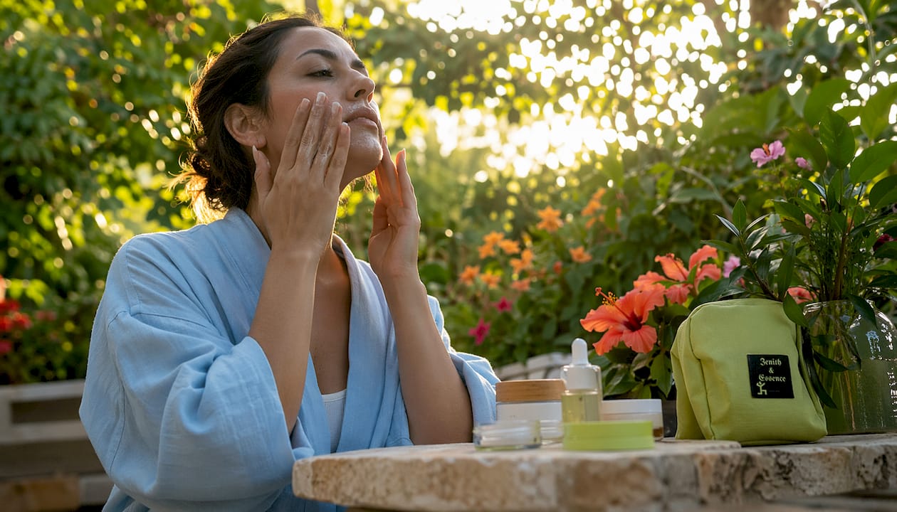 Woman slowly massaging face with natural skincare