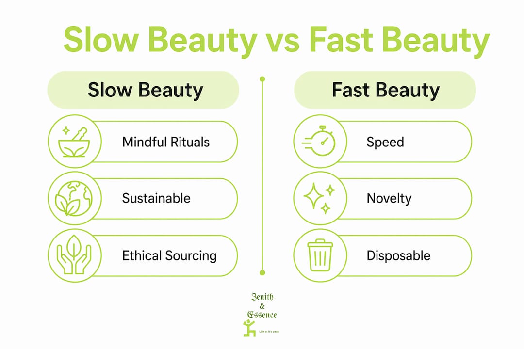 Infographic comparing slow beauty and fast beauty principles