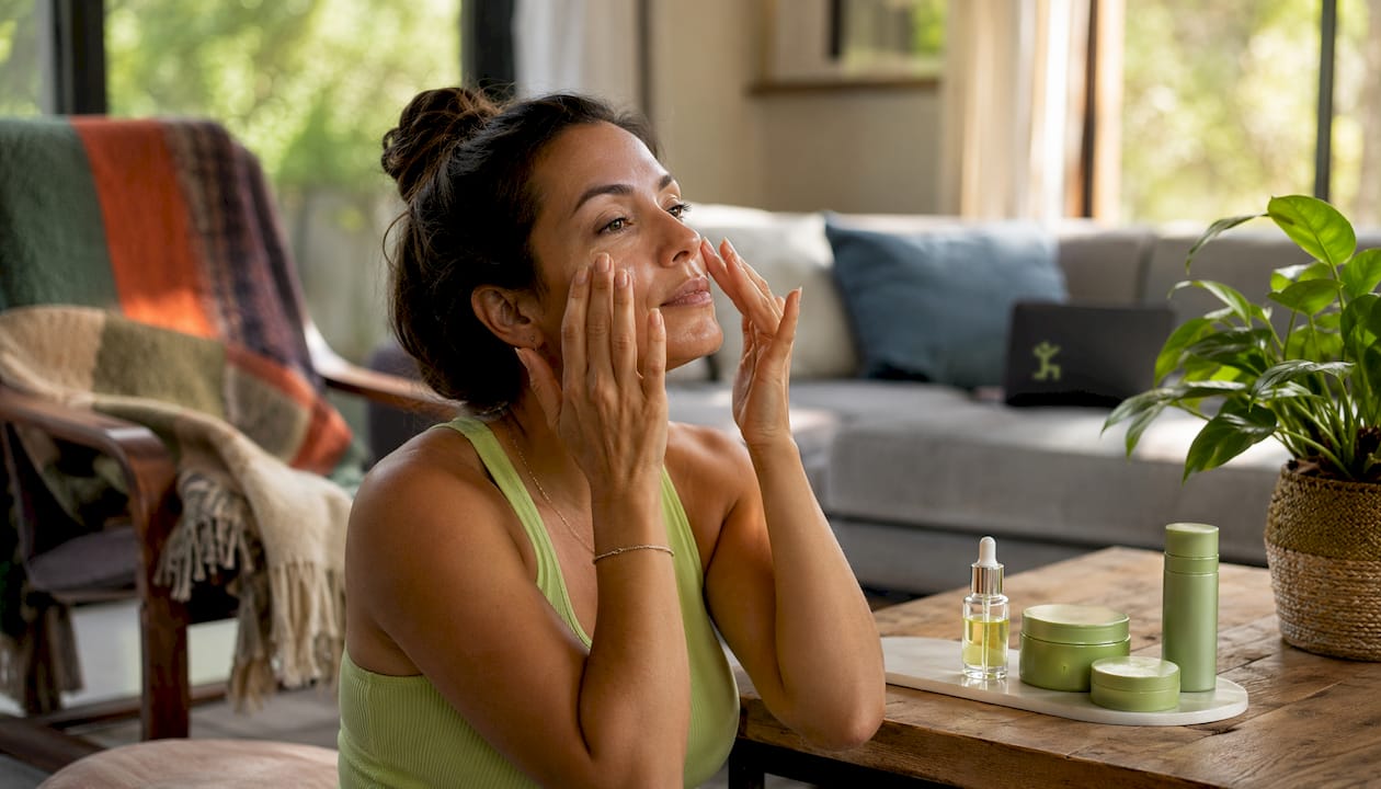 Woman applying niacinamide serum in bright bathroom