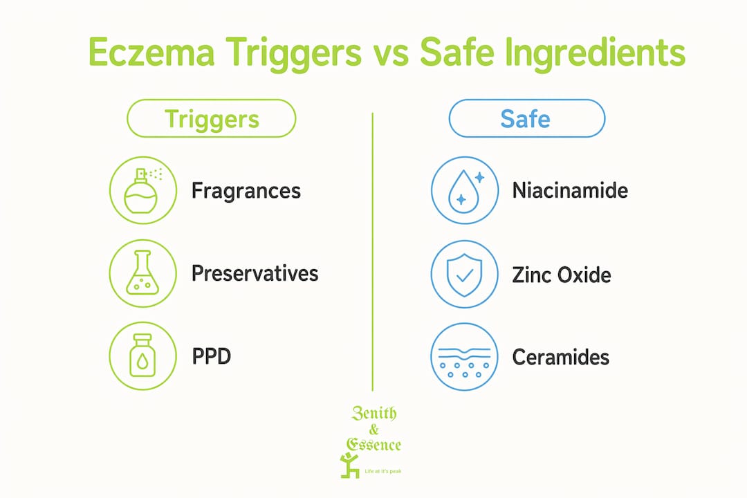 Infographic comparing eczema-triggering and safe skincare ingredients