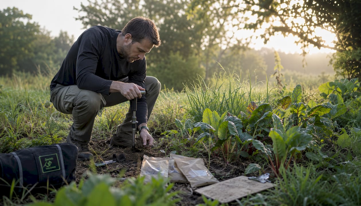 Researcher collecting soil samples in field