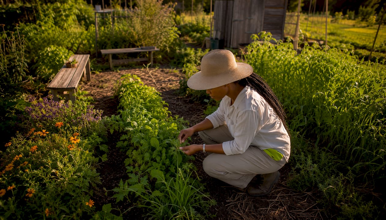 Scientist examining regenerative crops on farm