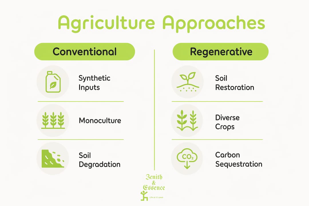 Infographic contrasting conventional and regenerative farming