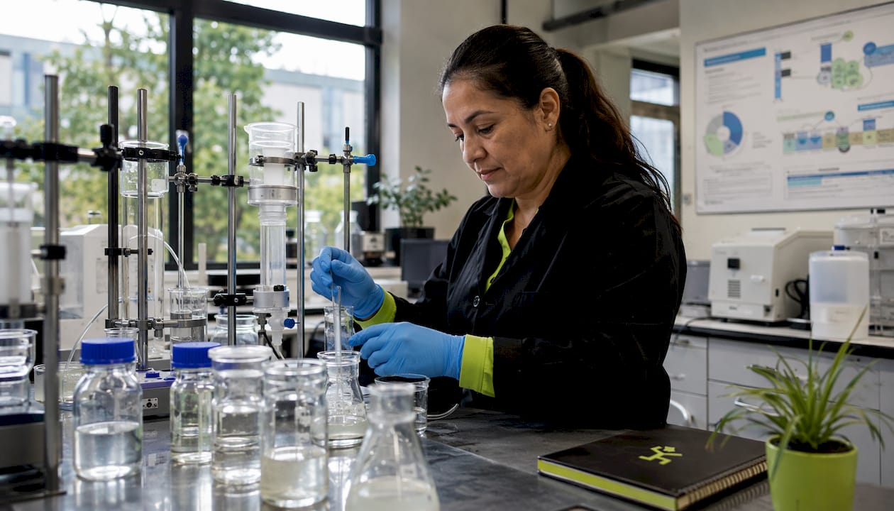 Technician monitoring microplastic filtration in wastewater