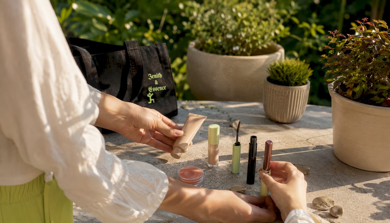 Hands choosing core makeup products
