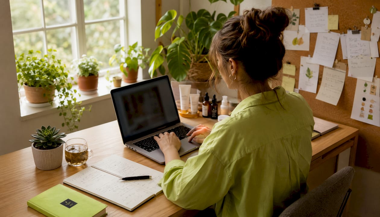 Woman researching clean beauty products at home