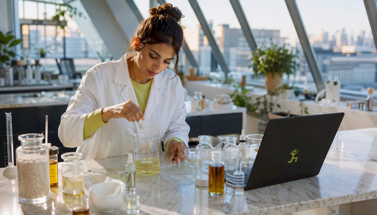 Cosmetic chemist mixing skincare ingredients carefully