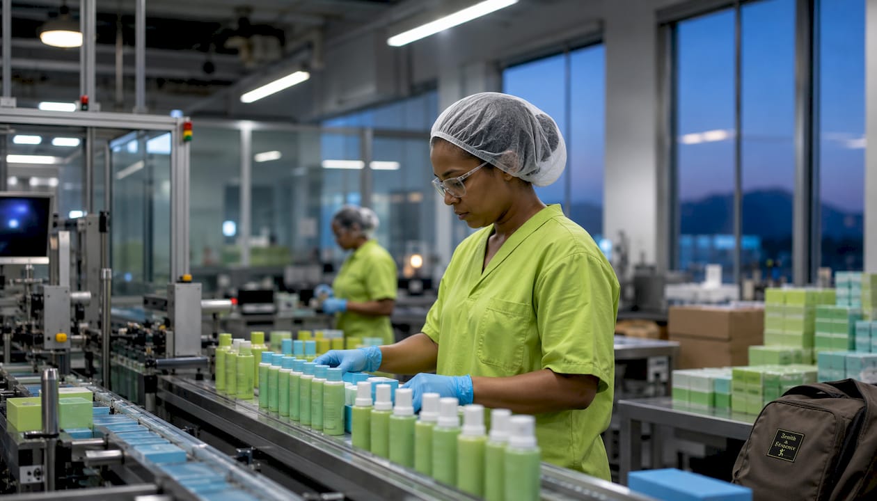 Drugstore skincare products on factory assembly line