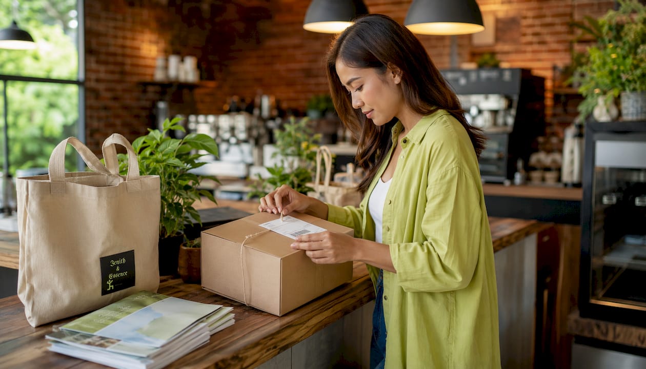 Hands applying shipping label on parcel