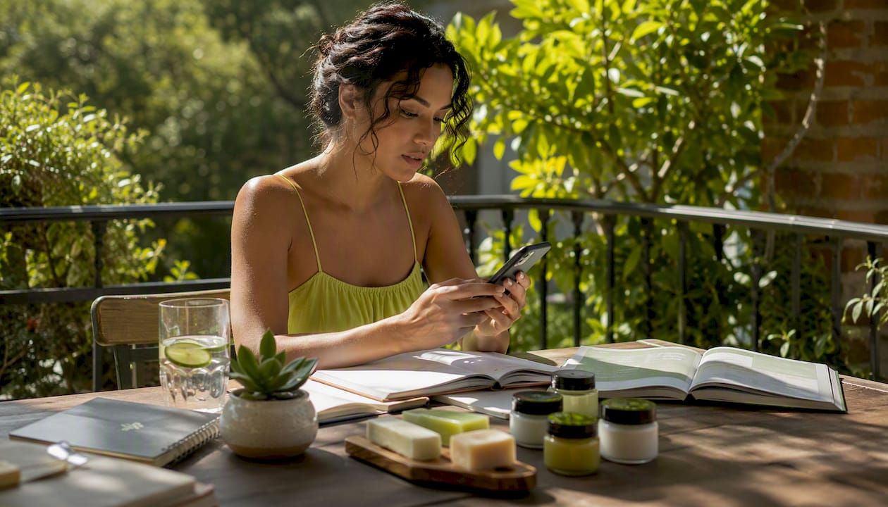 Woman comparing clean beauty products