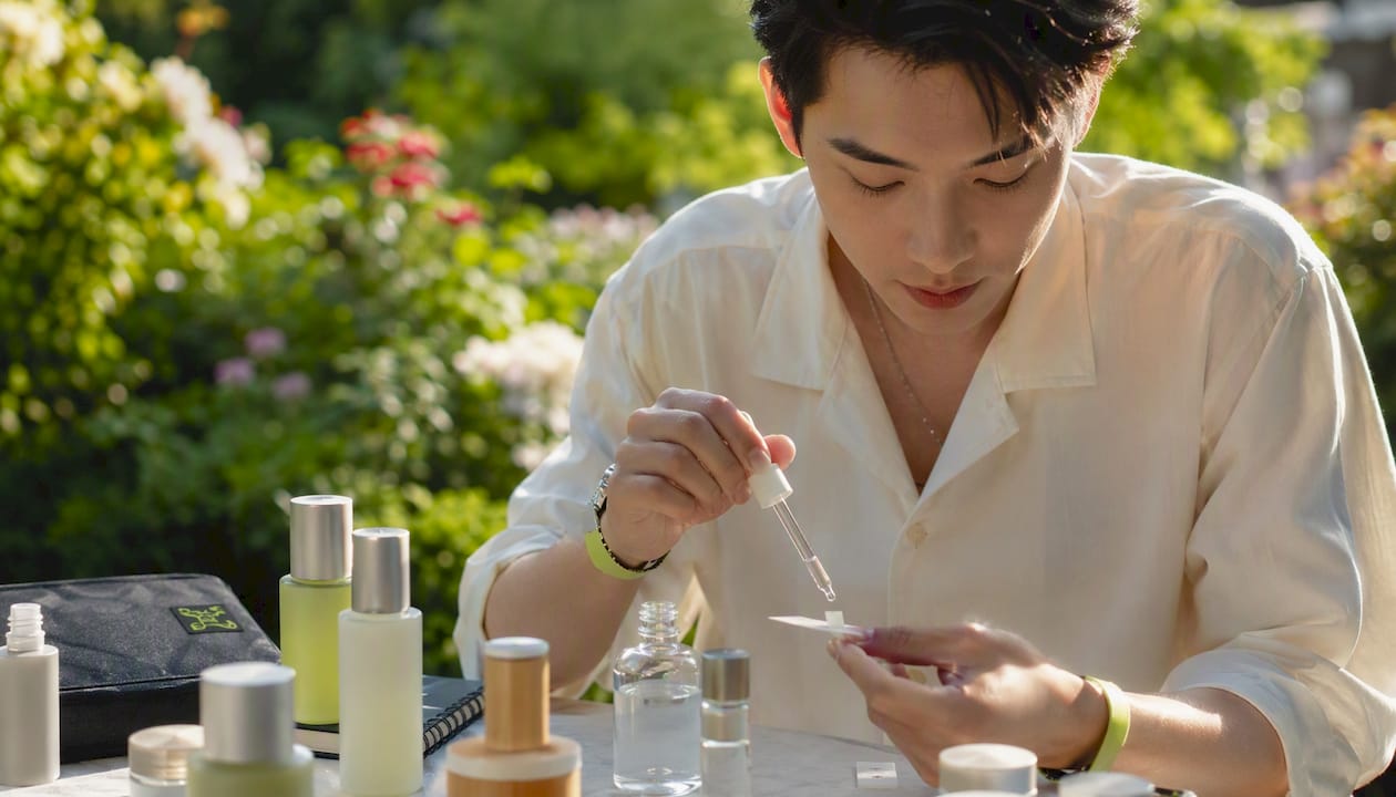Beauty consultant testing clean skincare products