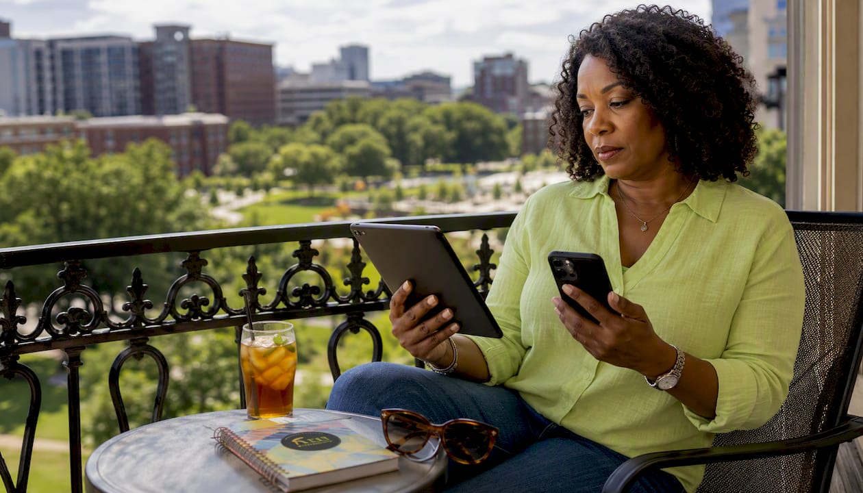 Woman comparing shopping alternatives on tablet and phone